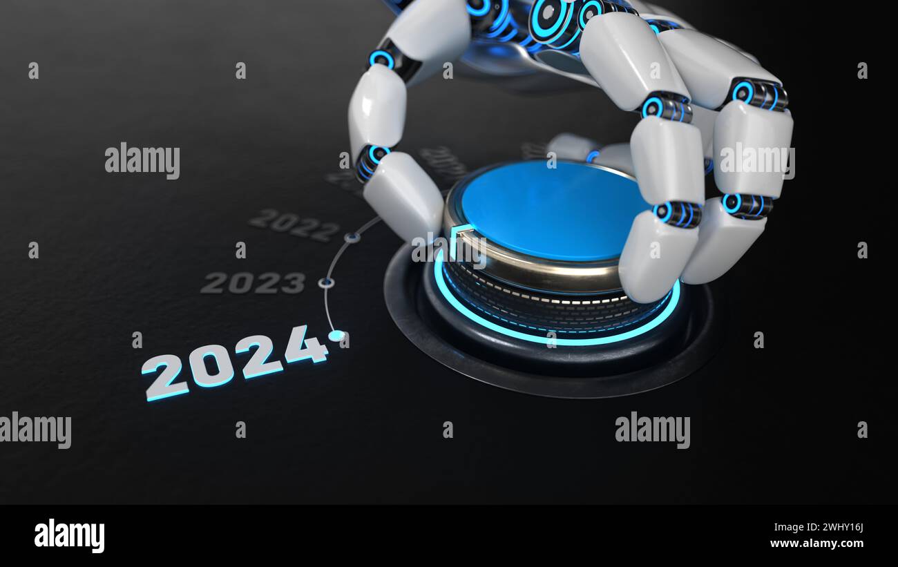 Robot turns the knob and switches to 2024. 3d illustration Stock Photo ...