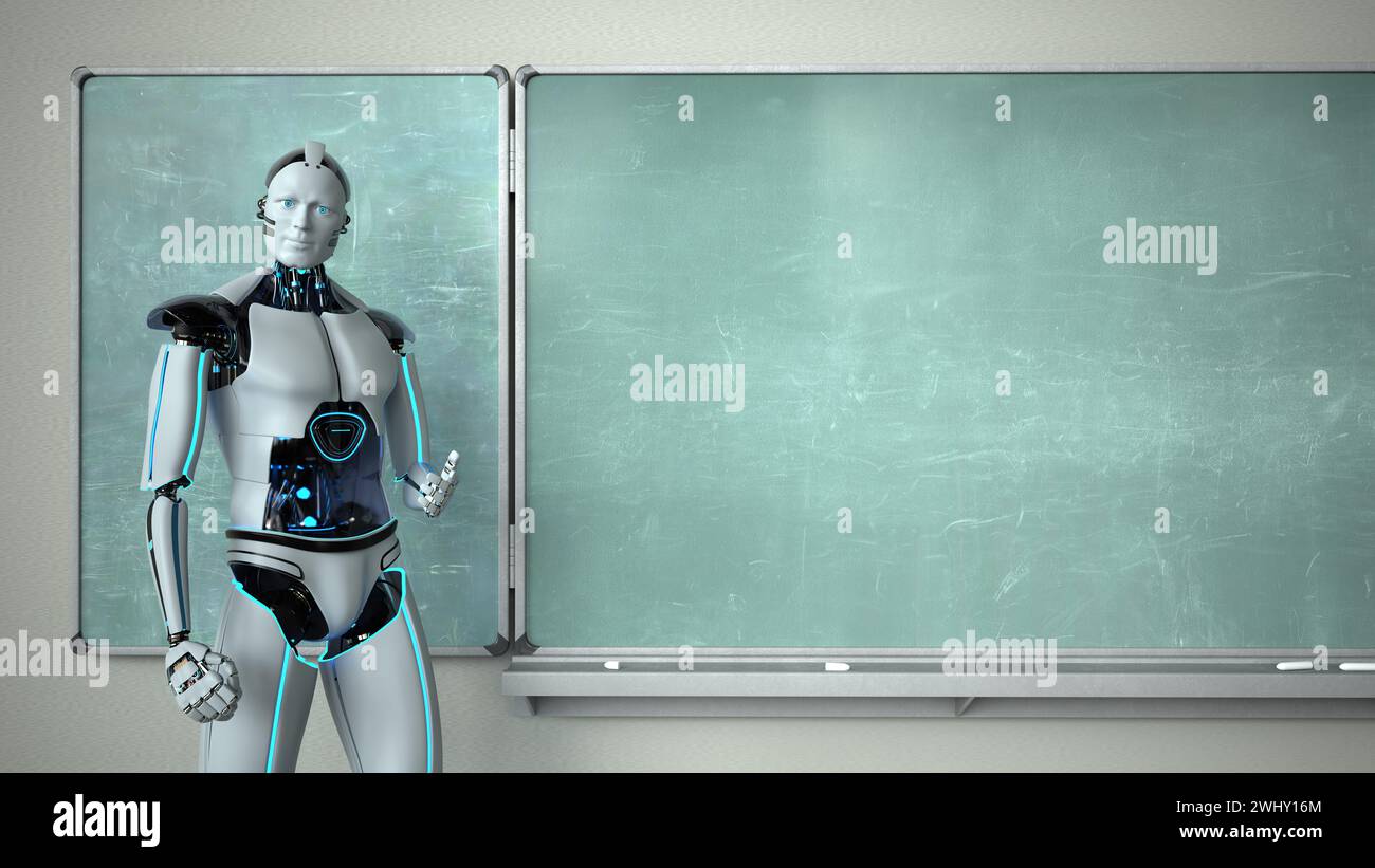 Humanoid Robot Chalkboard Teacher Stock Photo