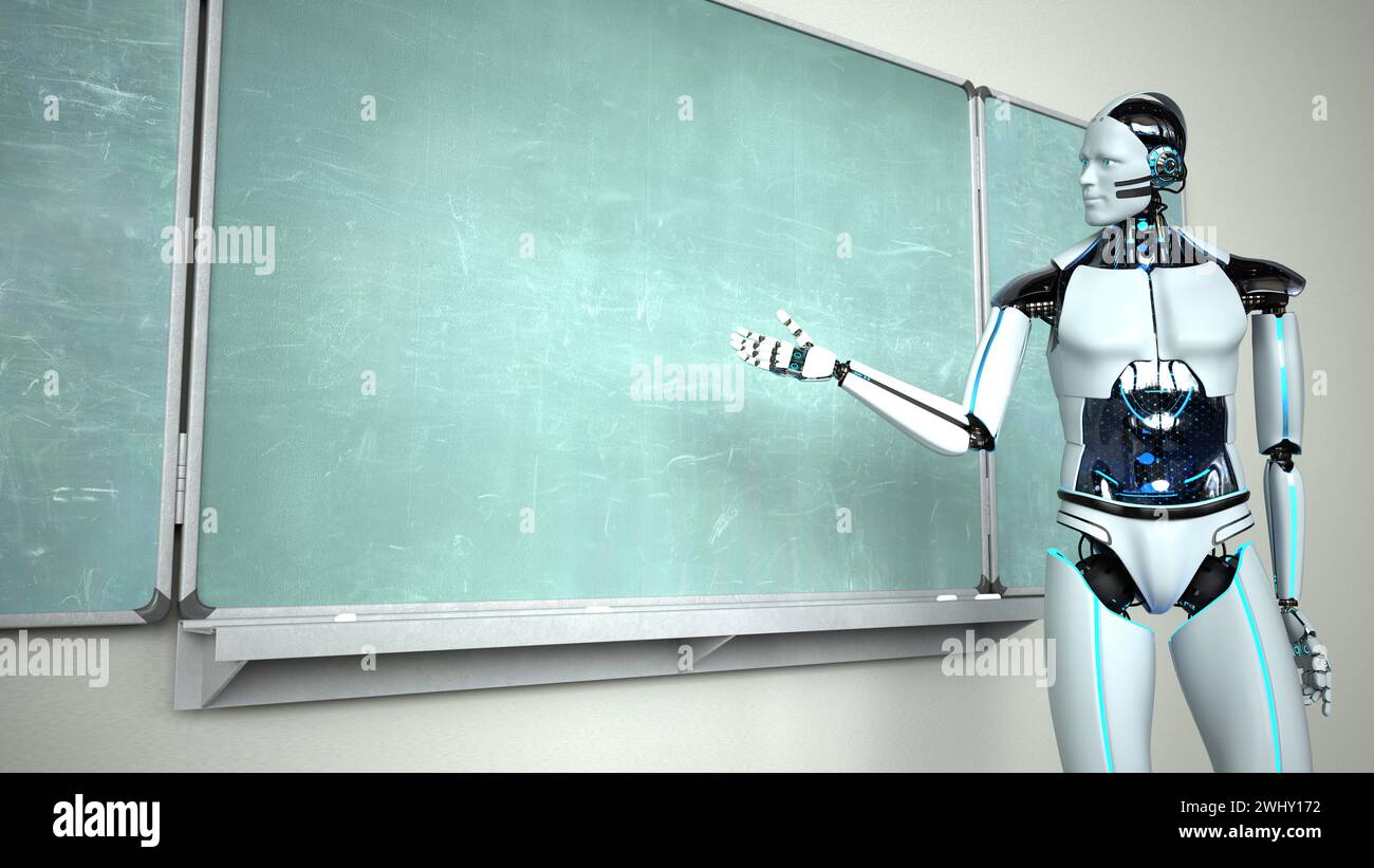 Humanoid Robot Chalkboard Teacher Stock Photo