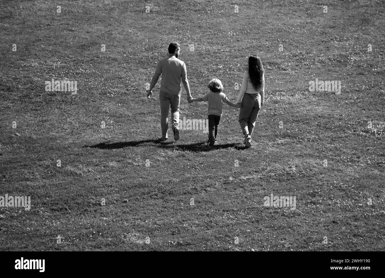 Arial view of family and child outdoors in spring nature. Back view. Stock Photo