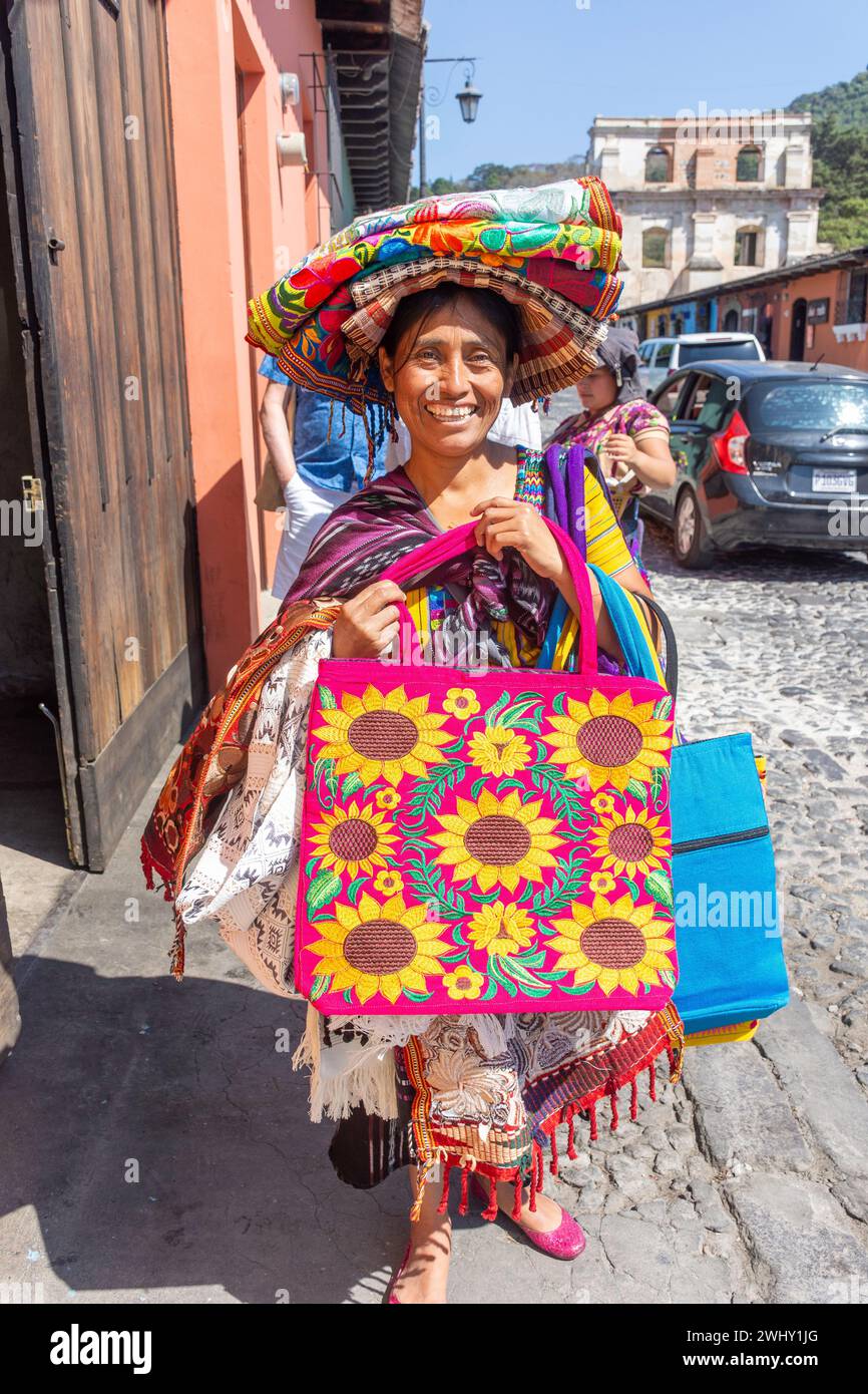 Woman selling handicrafts, Calle de La Concepcion, Antigua, Sacatepéquez Department, Republic of Guatemala Stock Photo