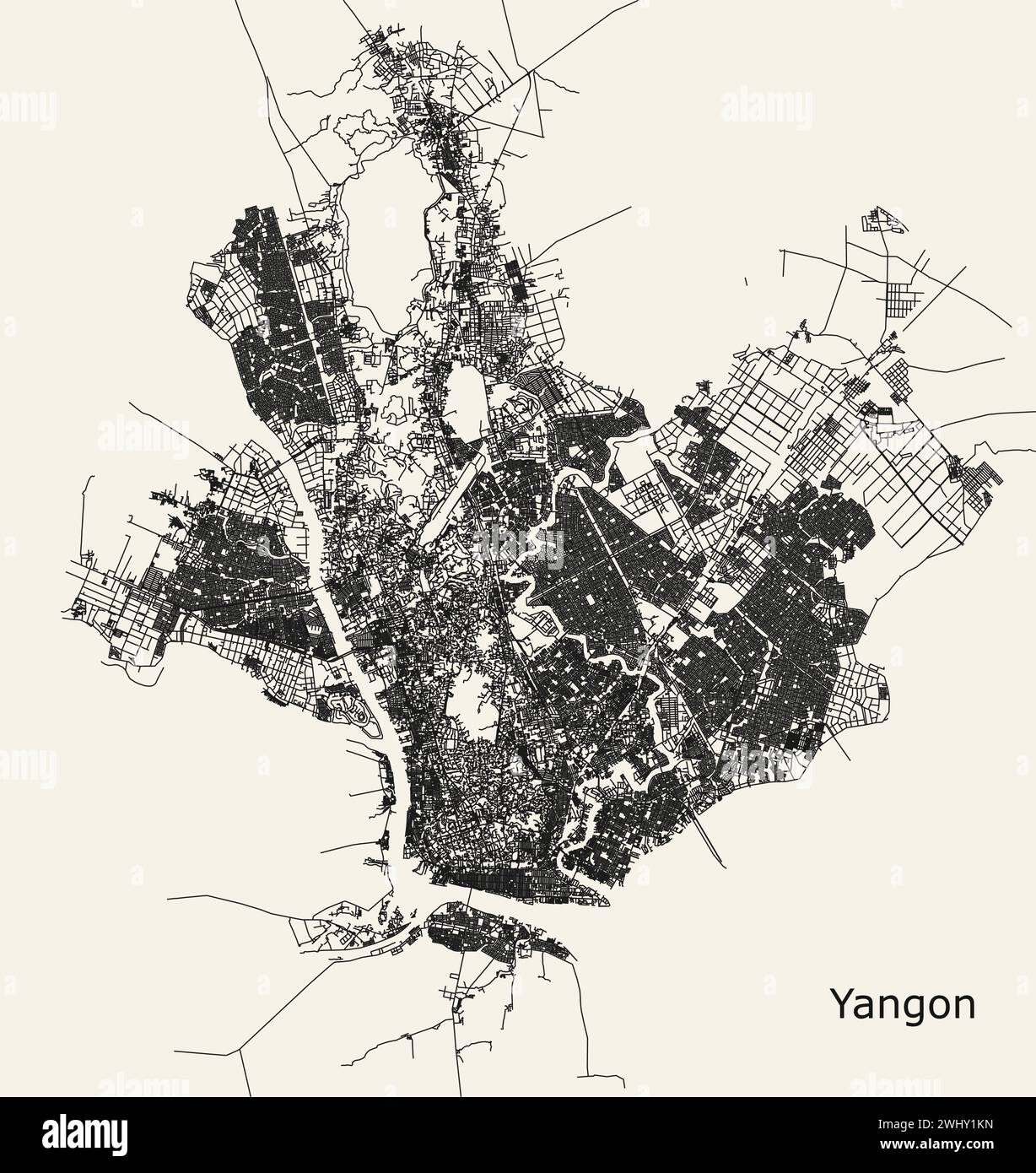 City road map of Yangon, Myanmar (Burma) Stock Vector