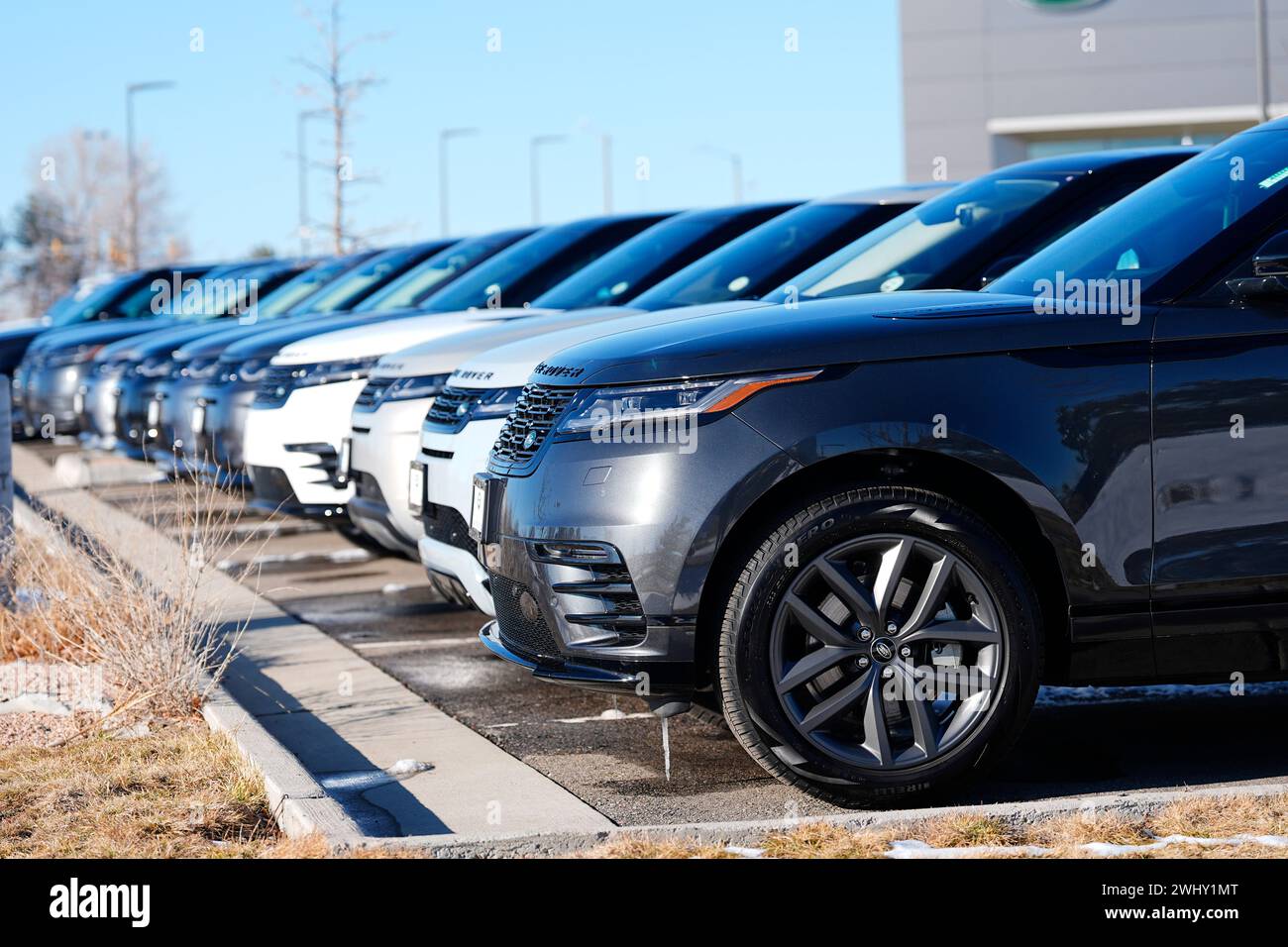 Unsold 2023 Velar, Discovery and Evoque sportsutility vehicles sit in a long row outside a Land
