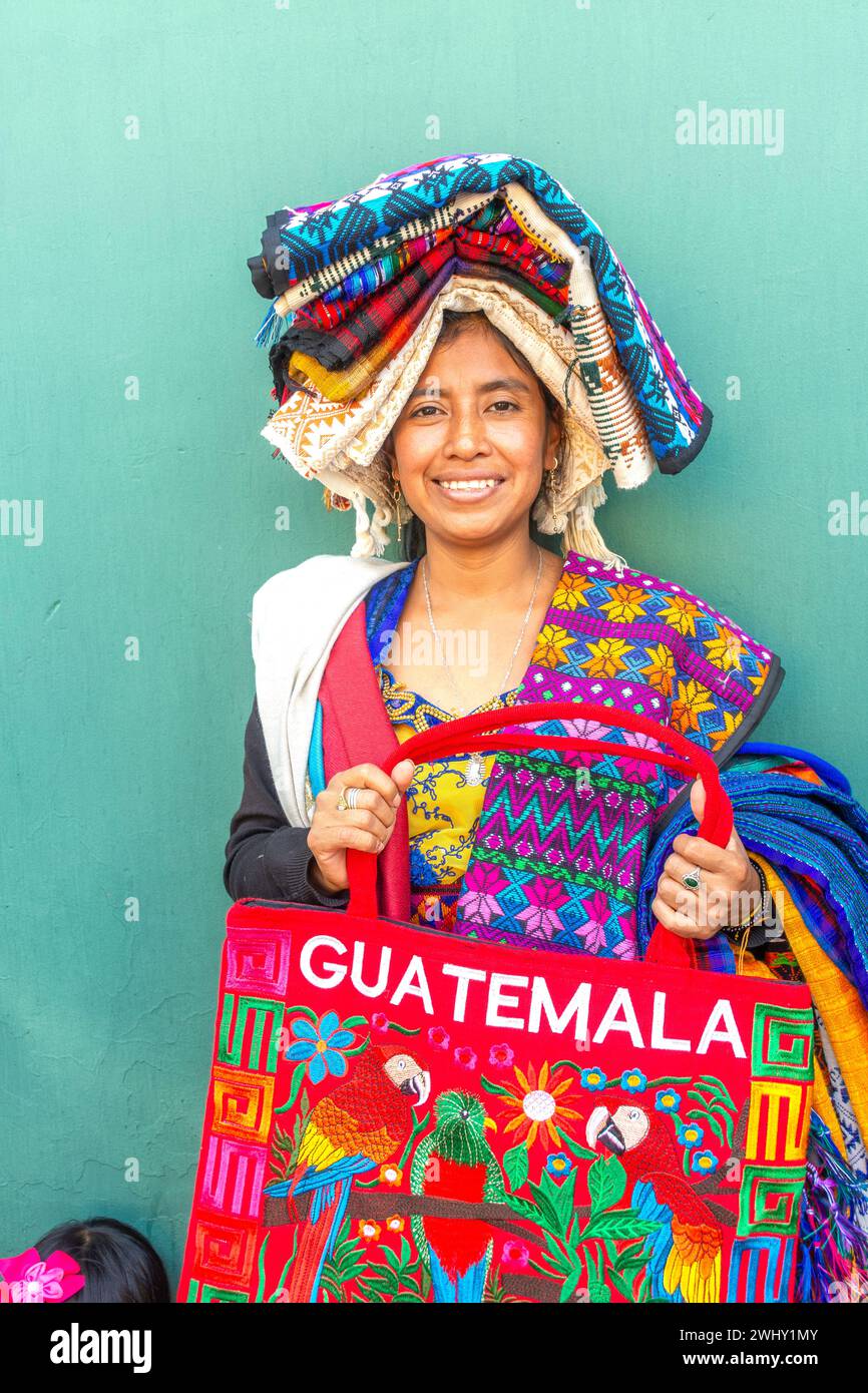 Young woman selling handicrafts, Calle de La Concepcion, Antigua, Sacatepéquez Department, Republic of Guatemala Stock Photo