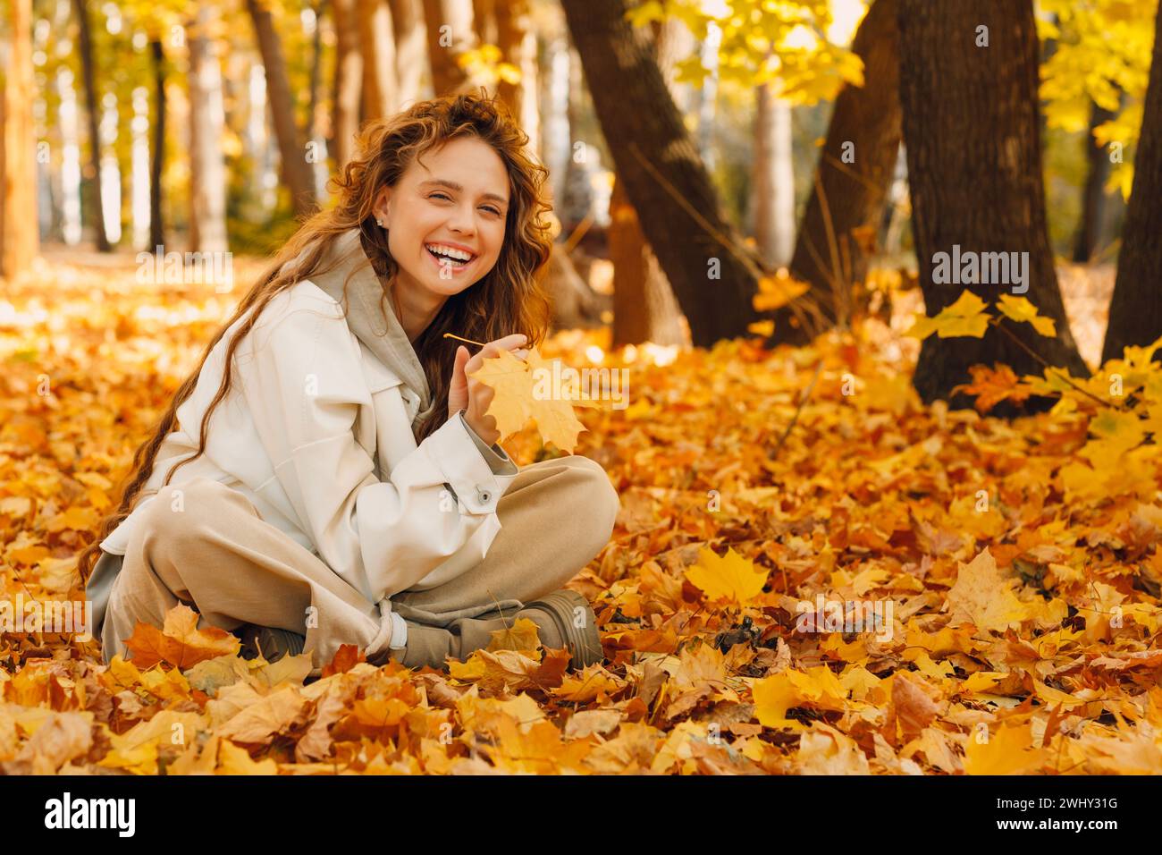 Smiling young woman sits in the autumn foliage on the ground of the ...