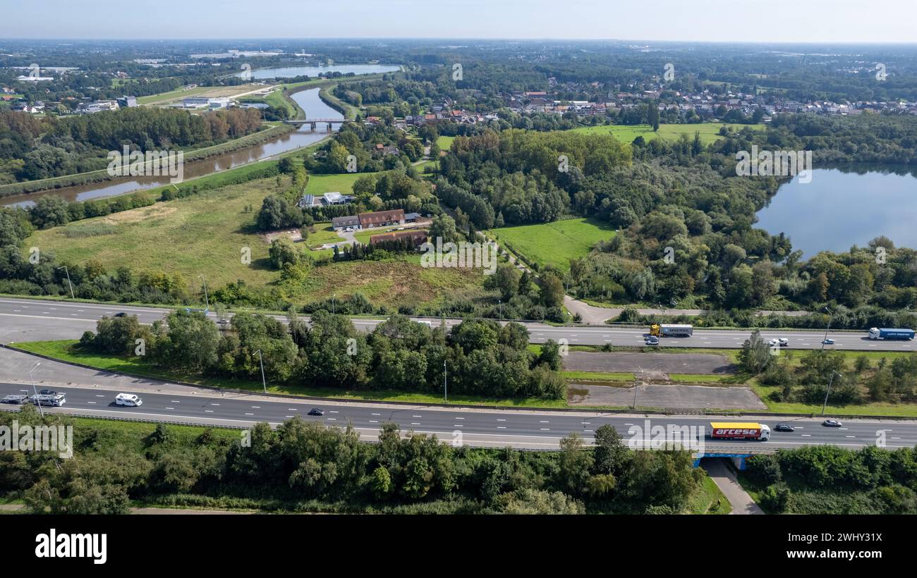 Mechelen, Antwerp Province, Belgium, 06 09 2023, Aerial view of the E19 highway between Brussels and Antwerp with traffic, high Stock Photo