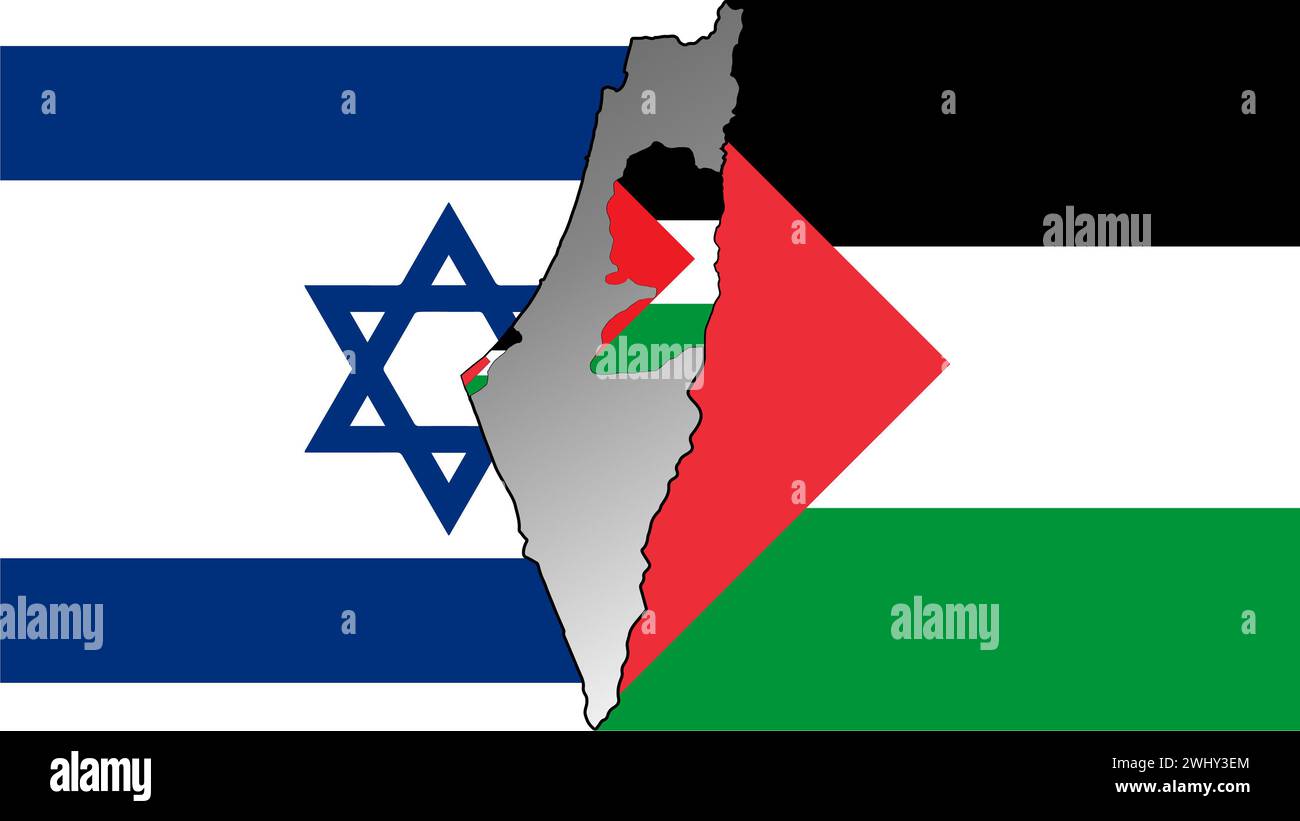 Map and Flags. Israel-Palestine conflict. Mapping the conflict in Israel and Palestine and Gaza. Stock Photo