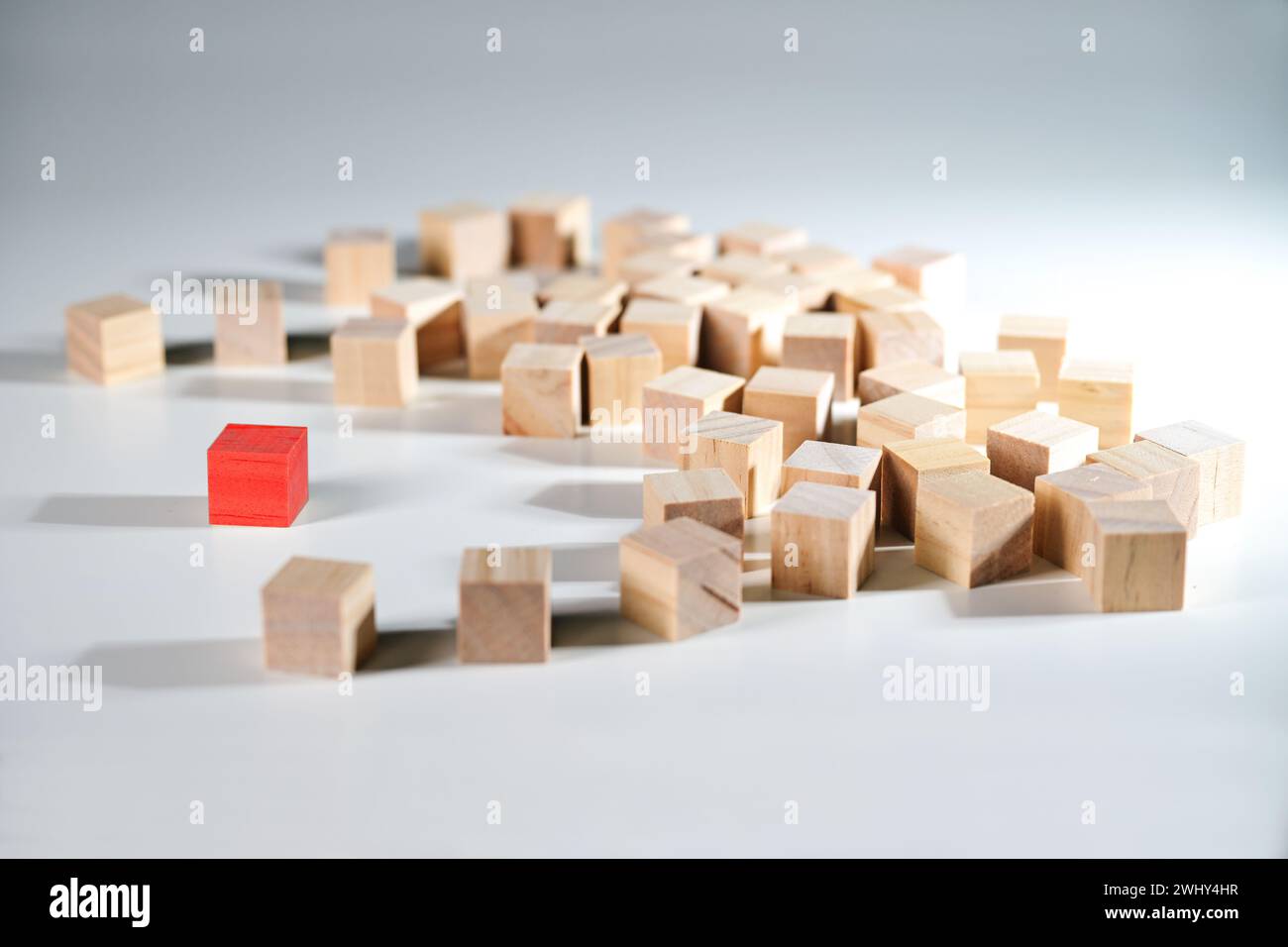 Standing out from the crowd, single red cube and a group of light wooden cubes, concept for being different, social integration Stock Photo