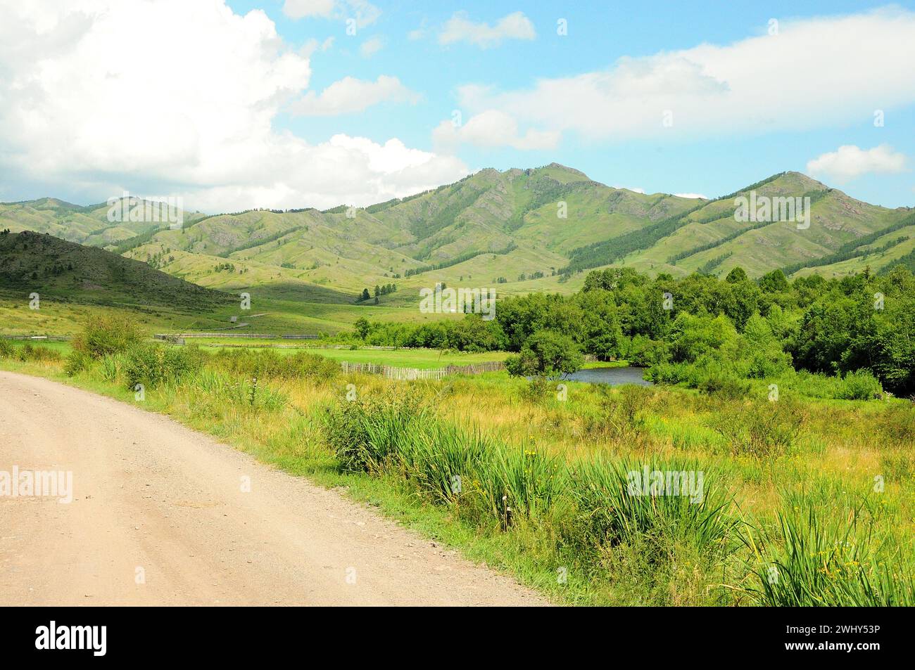 A fragment of a field gravel road running through a valley overgrown with low bushes at the foot of a mountain range on a clear summer day. Khakassia, Stock Photo