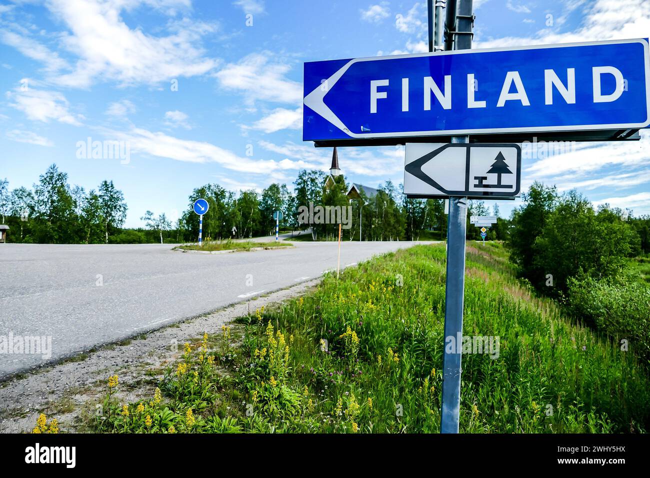 Finland Street Sign in Border between Sweden and Finland , taken in finland europe , taken in nordkapp, europe Stock Photo