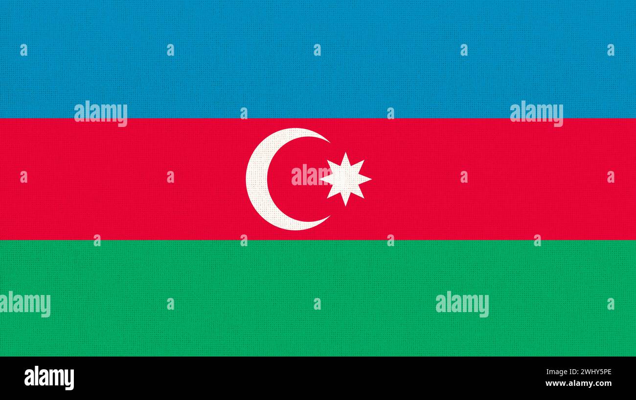 Flag of Azerbaijan rmenia on fabric surface. Azerbaijani national flag on textured background. Fabri Stock Photo