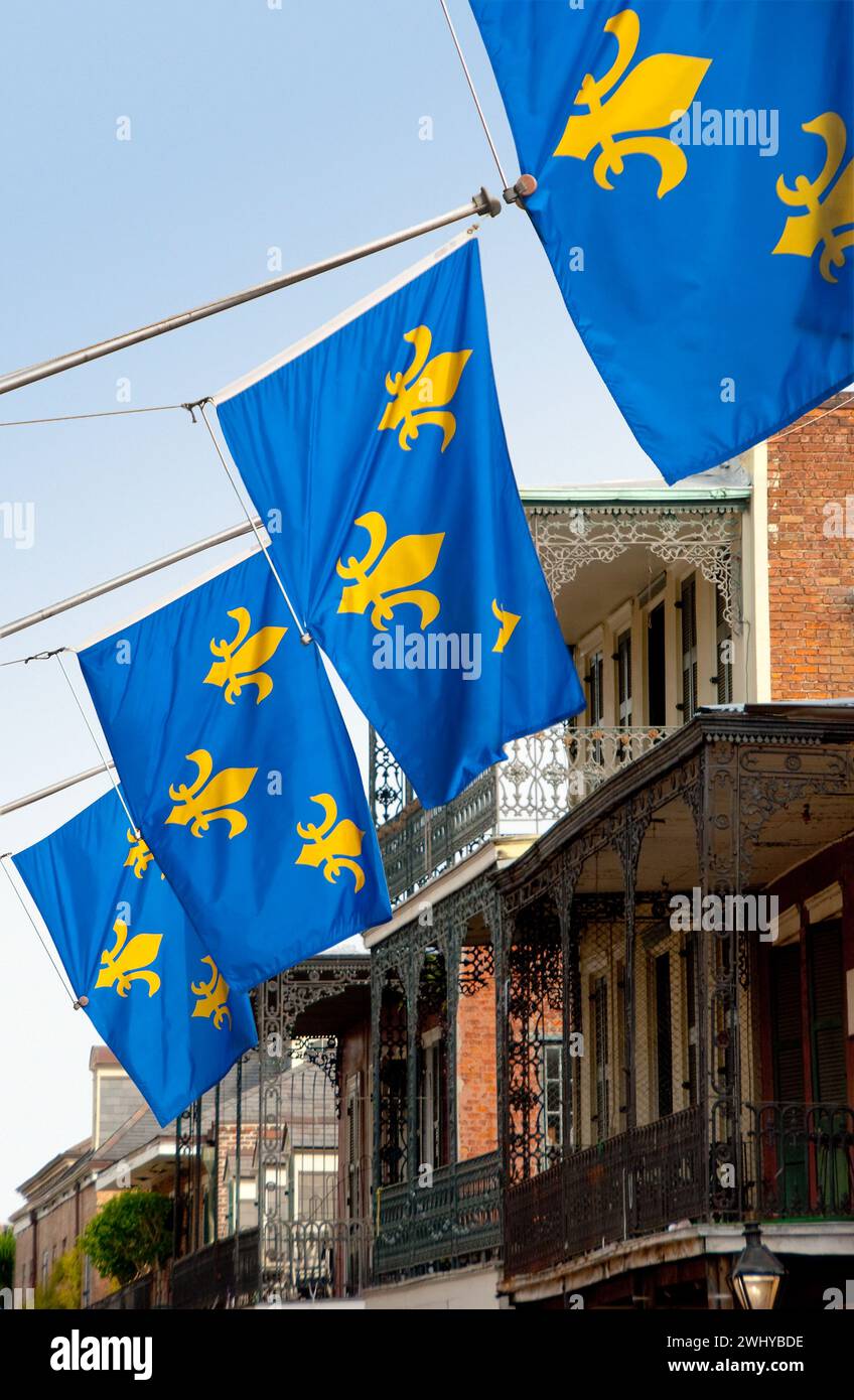 Fleur-de-lis flags in the historic French Quarter of New Orleans, Louisiana - USA Stock Photo