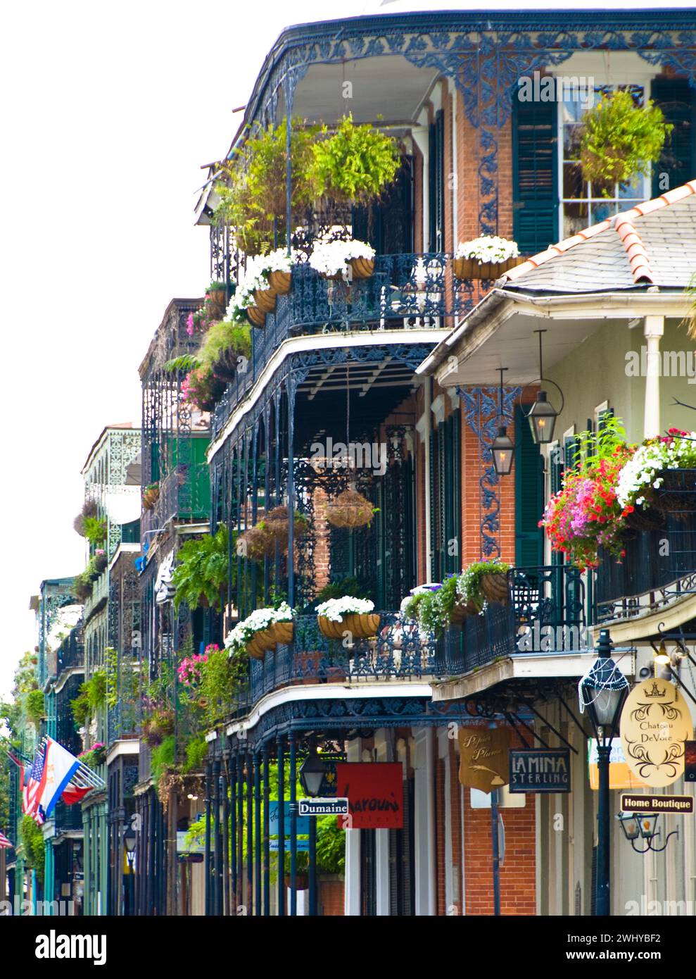 ornate iron grill work on French Quarter buildings in New Orleans, Louisiana - USA Stock Photo