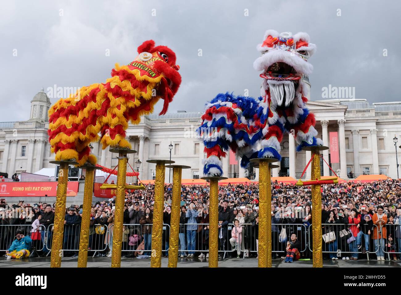 London, UK, 11th February, 2024. Auspicious lion dances were performed in Trafalgar Square for