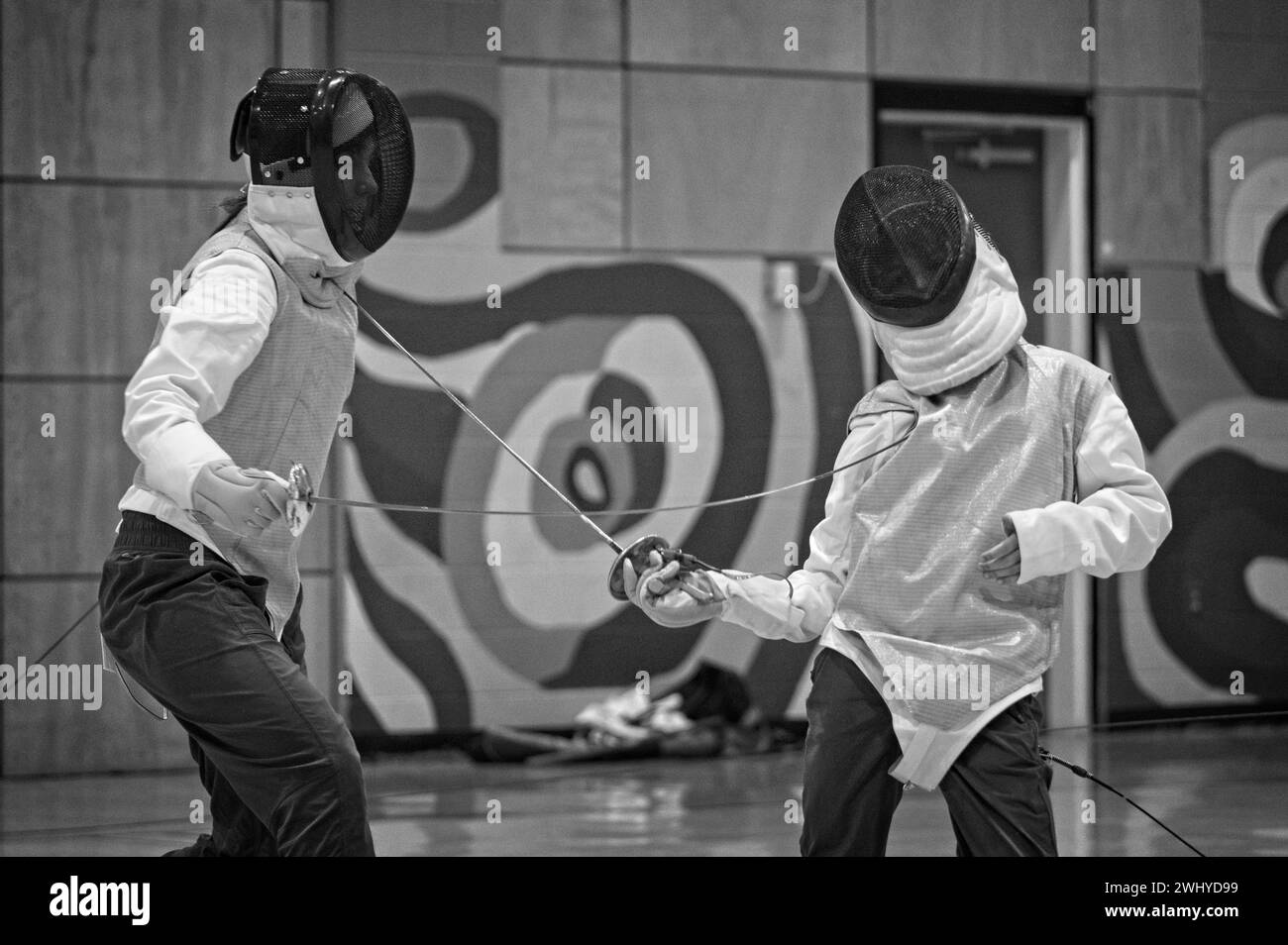 UNITED STATES - 02-09-2024: Out of Nowhere Fencing,  offers instruction in the sport of fencing for all levels under the watchful eye of coach David C Stock Photo
