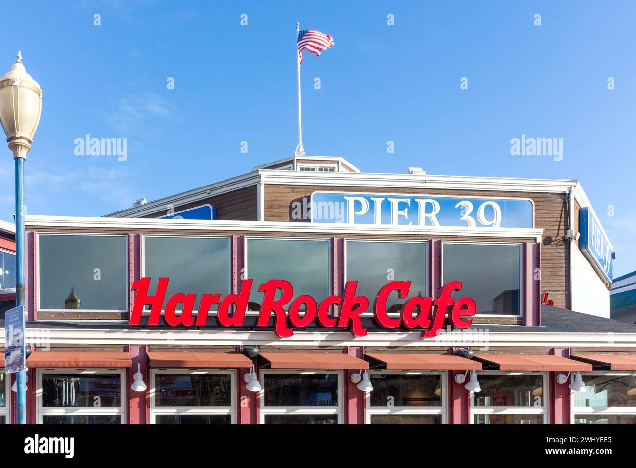 Hard Rock Cafe at entrance to Pier 39, Fisherman's Wharf District, San Francisco, California, United States Stock Photo