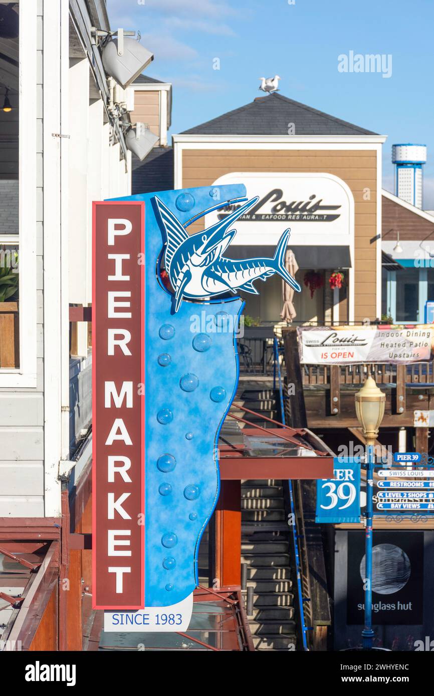 Pier Market sign at Pier 39, Fisherman's Wharf District, San Francisco, California, United States Stock Photo