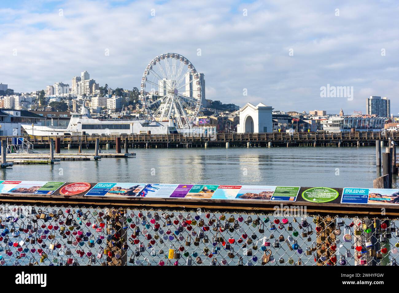 Love locks at K Dock, Pier 39, Fisherman's Wharf District, San Francisco, California, United States Stock Photo