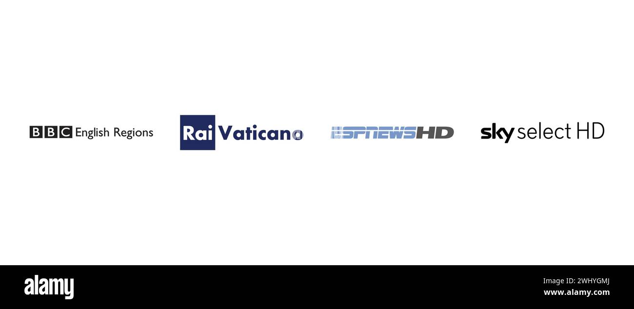 Rai Vaticano, Sky Select HD, ESP NEWS HD, BBC English Regions. Vector illustration, editorial logo. Stock Vector