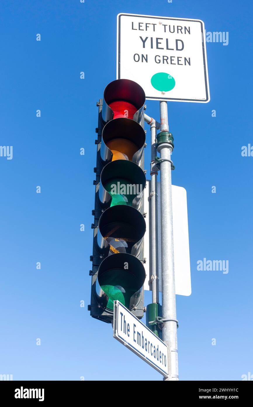 Multiple traffic lights on The Embarcadero, Pier 39, Fisherman's Wharf District, San Francisco, California, United States Stock Photo