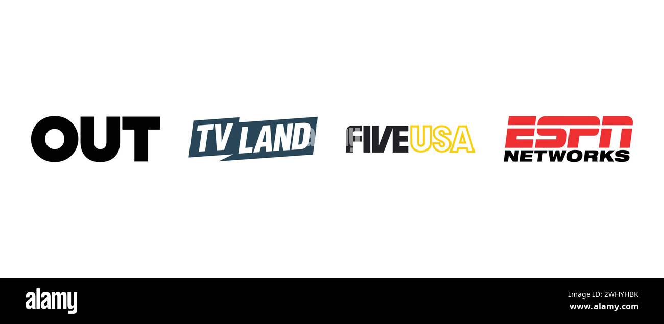 Out Magazine, Five USA, TV Land, ESPN Networks. Vector illustration