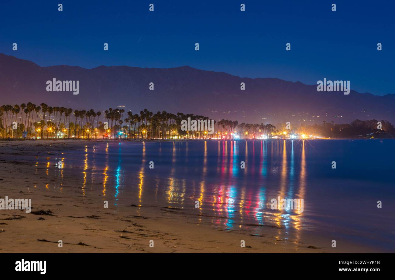 Santa Barbara, Coastline, Night, Ocean views, City lights, Coastal beauty, Nighttime, Pacific Ocean, Moonlit waves, Santa Barbara beaches Stock Photo