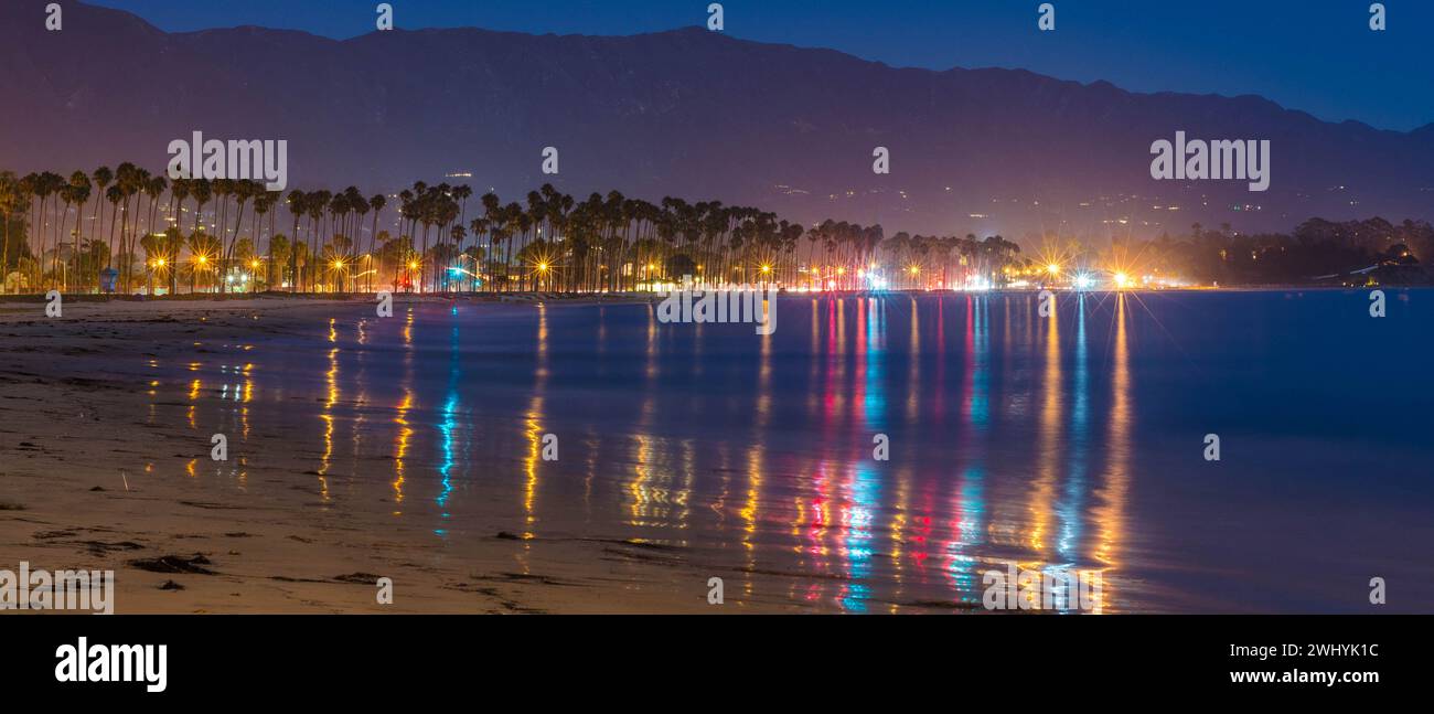 Santa Barbara, Coastline, Night, Ocean views, City lights, Coastal beauty, Nighttime, Pacific Ocean, Moonlit waves, Santa Barbara beaches Stock Photo