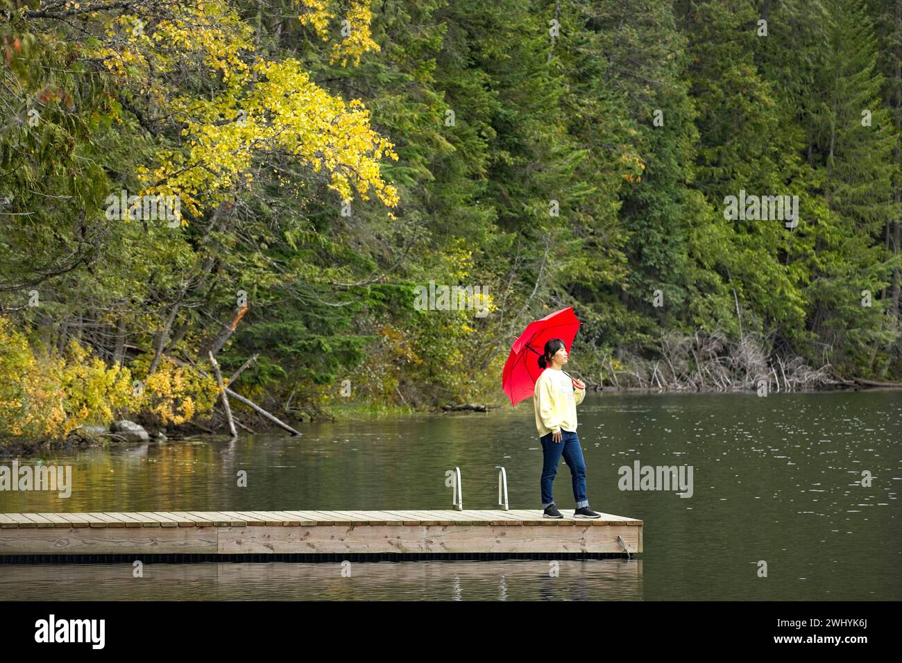 Woman holding umbrella stands on a dock. Stock Photo