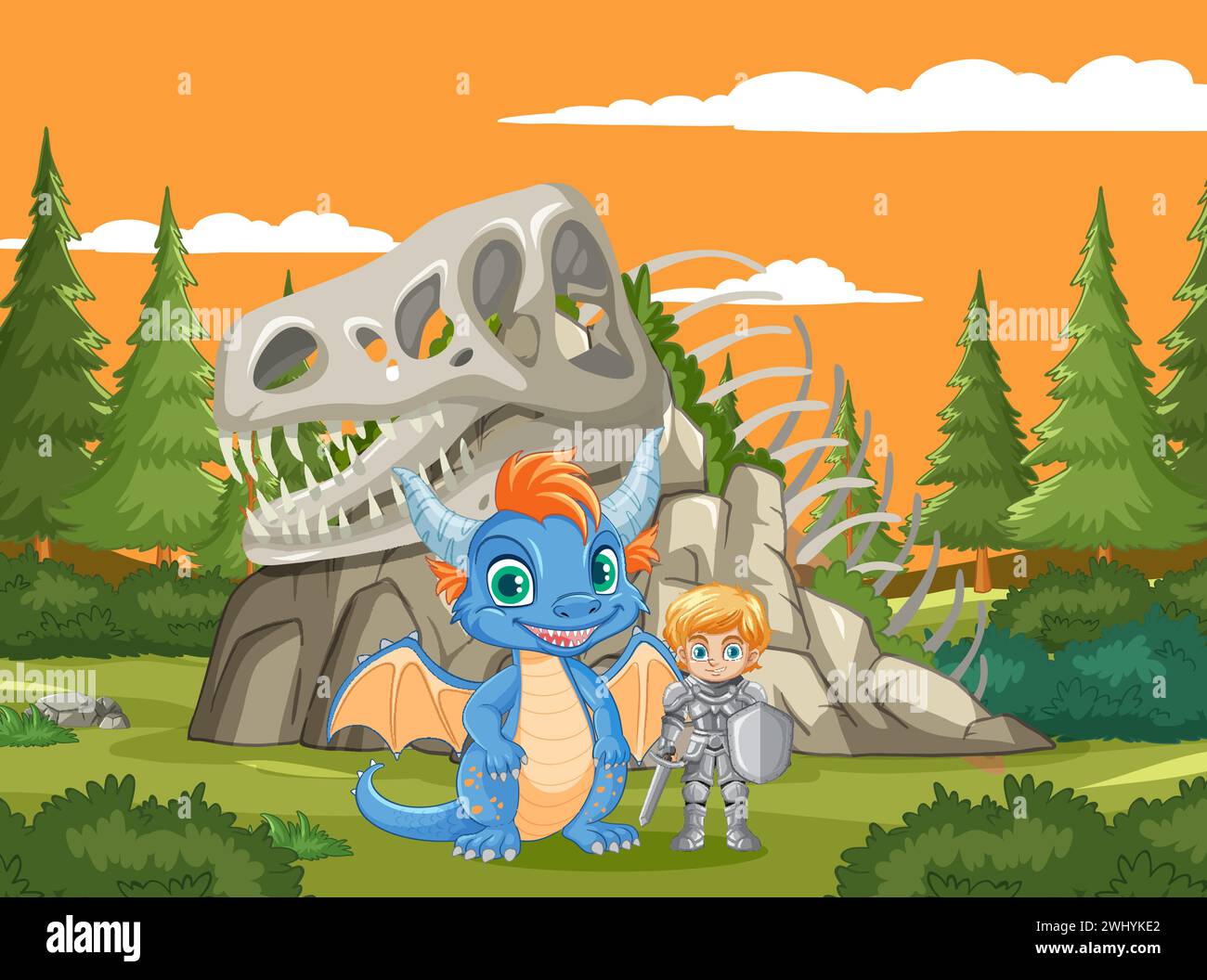 A Knight And Dragon Standing Before Dinosaur Bones Stock Vector Image a-knight-and-dragon-standing-before-dinosaur-bones-stock-vector-image