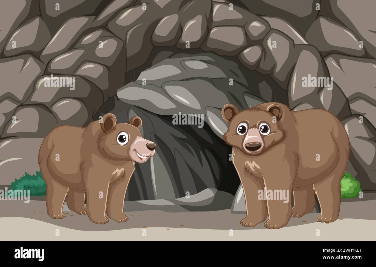 Two cartoon bears near a rocky cave entrance Stock Vector
