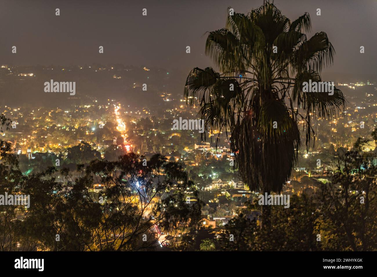 Aerial view, Santa Barbara, Night, City lights, Urban glow, Nighttime panorama, Cityscape, Nocturnal beauty, Urban illumination Stock Photo