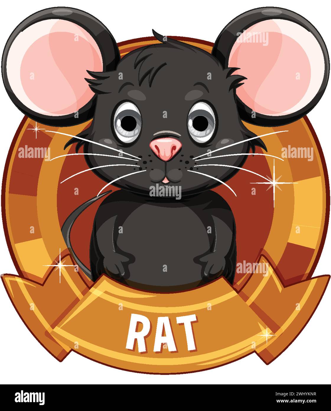 Adorable black rat inside a golden badge Stock Vector