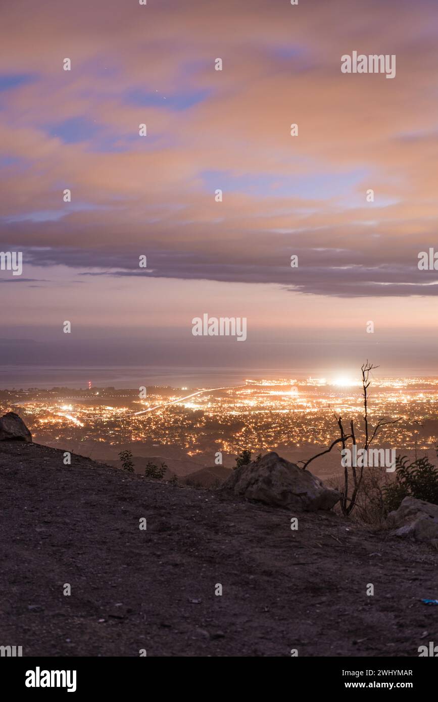 Santa Barbara, Night, Light trails, Mountain road, Nighttime drive, Illuminated, Mountainous landscape Stock Photo