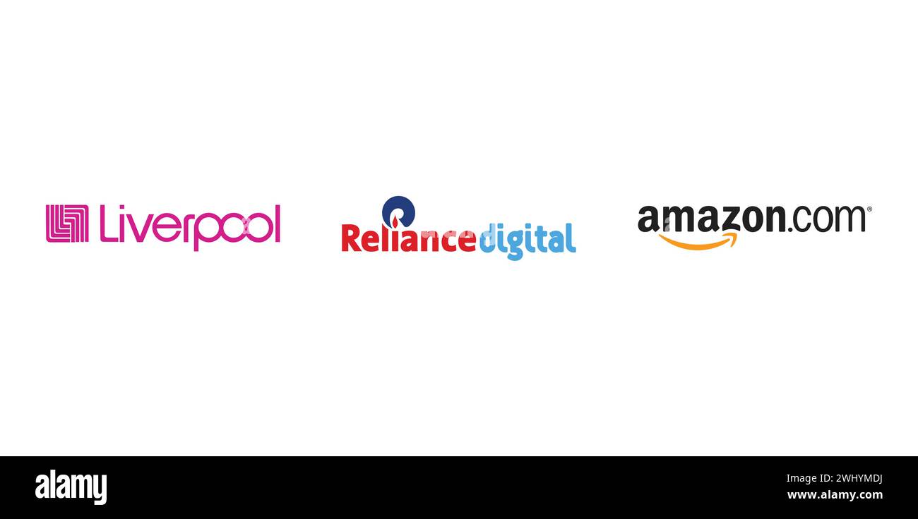 Reliance Digital, El Puerto de Liverpool, Amazon. Vector editorial brand icon. Stock Vector