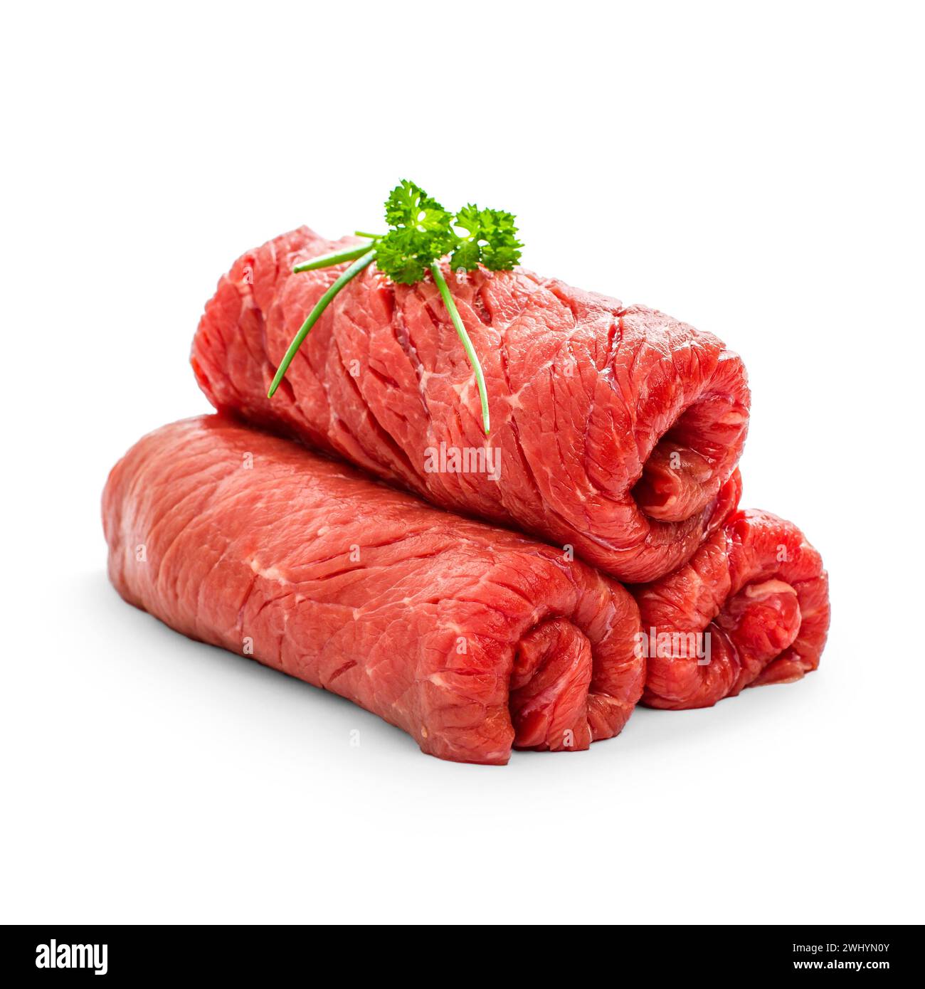 Three raw rouladen beef isolated Stock Photo