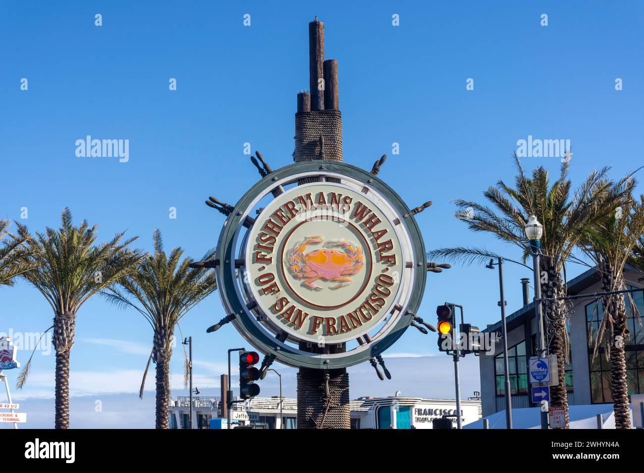 Entrance sign, Fisherman's Wharf, Fisherman's Wharf District, San Francisco, California, United States Stock Photo