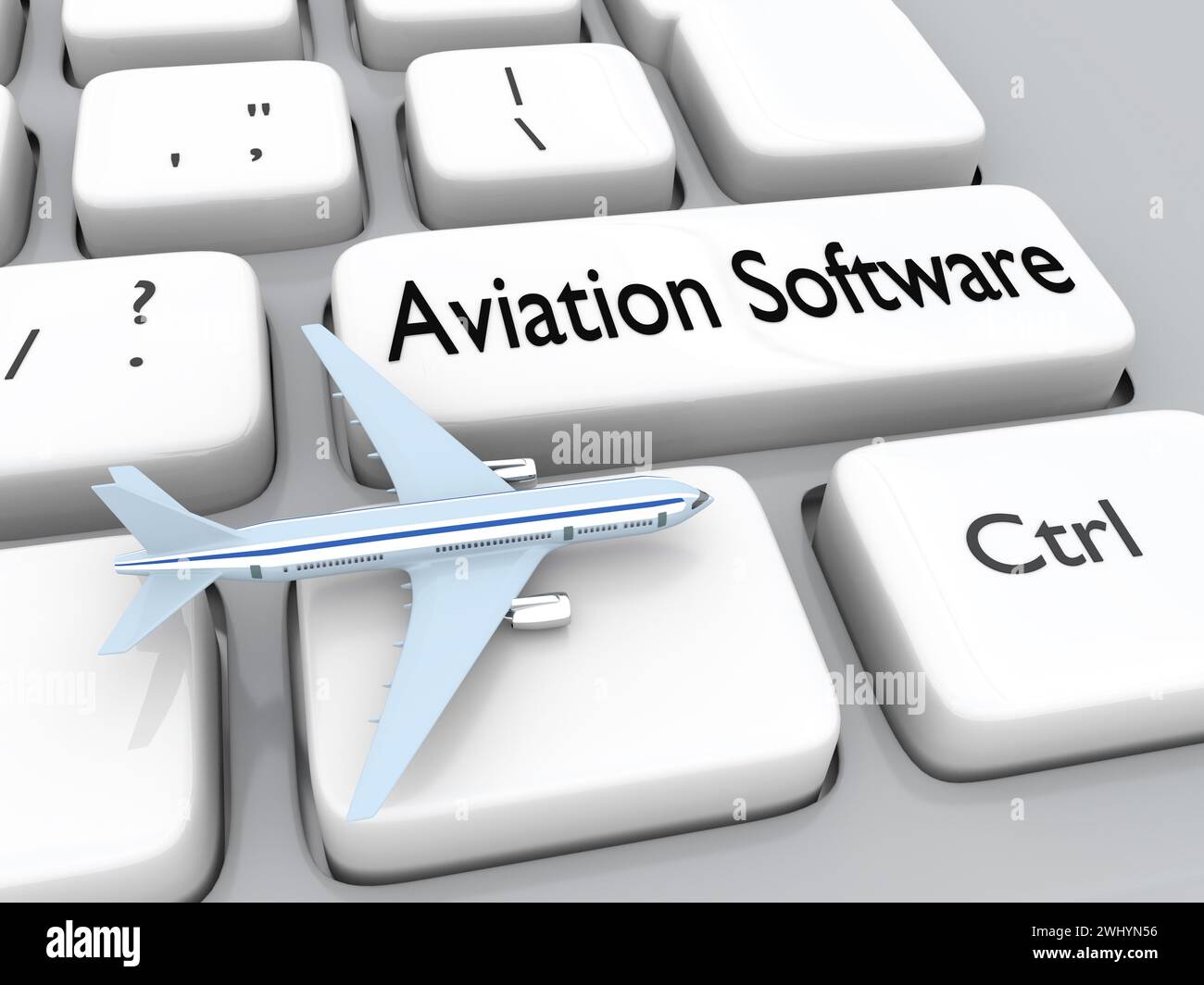 3D illustration of an airplane placed on computer keyboard with the script Aviation Software Stock Photo