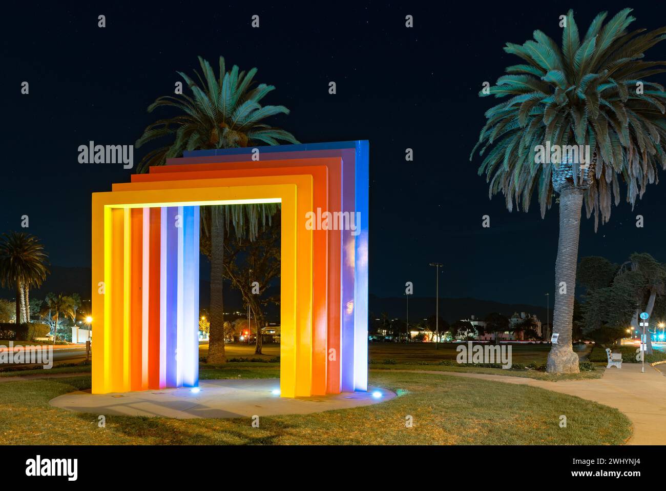 Santa Barbara, Chromatic Gate, Rainbow Sculpture, East Beach, Public Art, Colorful, Vibrant, Contemporary Art Stock Photo