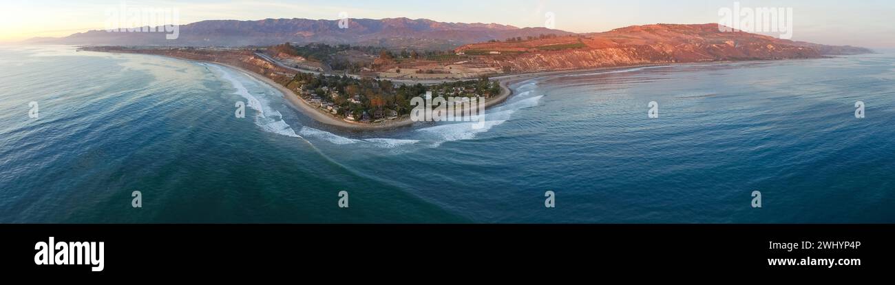 Aerial, Rincon Surf Spot, Southern California, Perfect Waves, Surfing, Sunset, Ocean View, Coastal Beauty, Surf Break Stock Photo