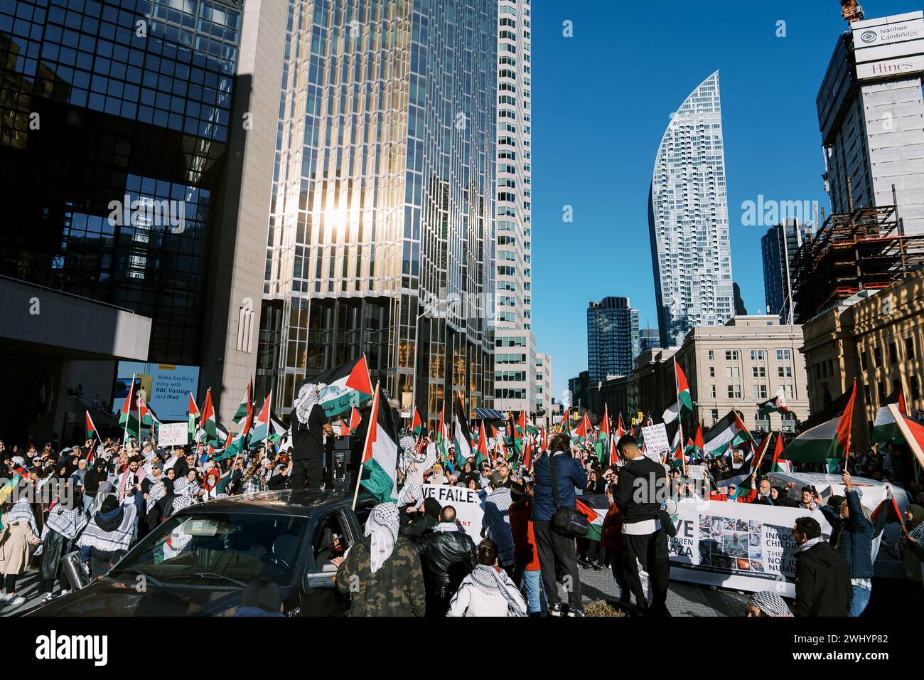 Toronto, Canada - 28 October 2023: Anti-war march in Toronto by Palestinians against Israel's aggression in Gaza. City's peacefu Stock Photo
