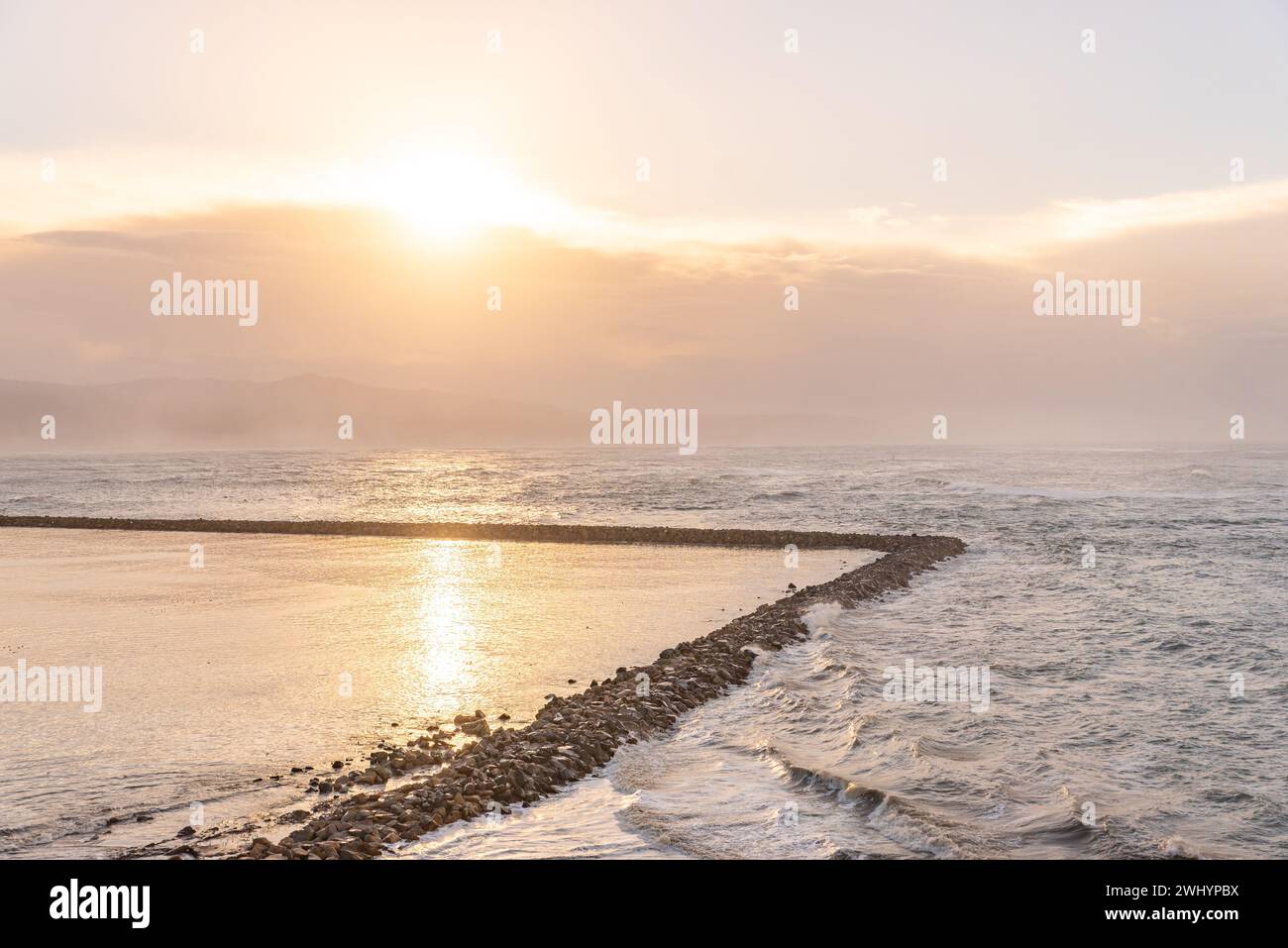 Half Moon Bay Harbor, Mavericks Surf, Sunrise, Early Morning, Oceanfront, Coastal, Harbor Views, Brilliant Colors Stock Photo