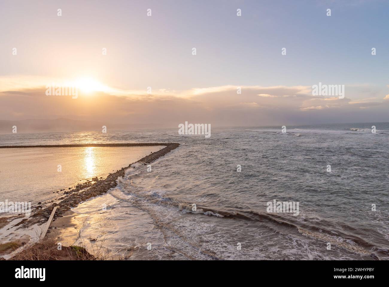 Half Moon Bay Harbor, Mavericks Surf, Sunrise, Early Morning, Oceanfront, Coastal, Harbor Views, Brilliant Colors Stock Photo