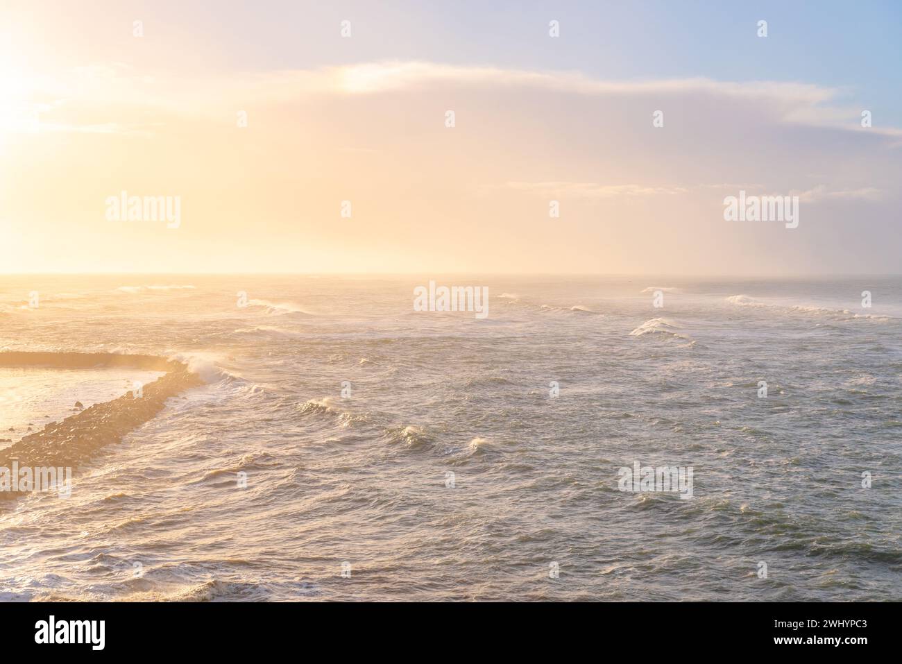 Half Moon Bay Harbor, Mavericks Surf, Sunrise, Early Morning, Oceanfront, Coastal, Harbor Views, Brilliant Colors Stock Photo