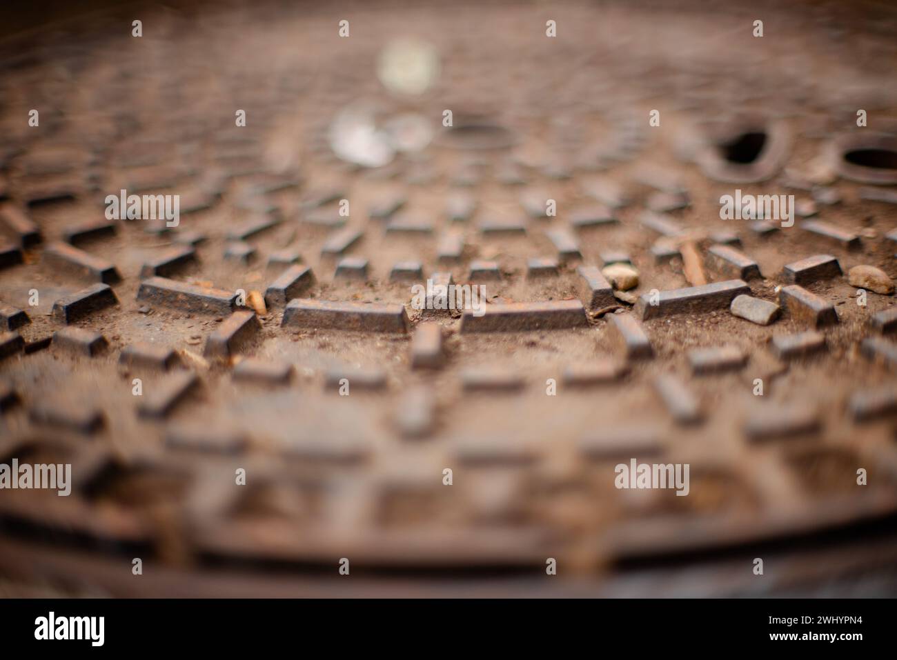 Old, Rusty, Sewer Cap, Iron Texture, Shallow Depth of Field, F 1.2, Decay, Urban Decay, Worn, Weathered, Deterioration Stock Photo