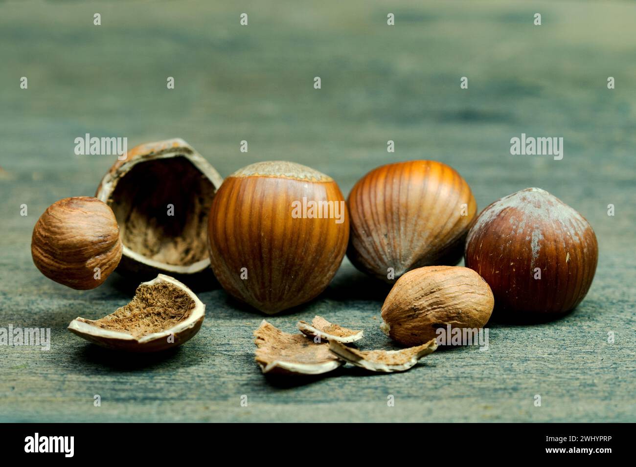 Hazelnut food nuts Background, falling on wooden table Stock Photo