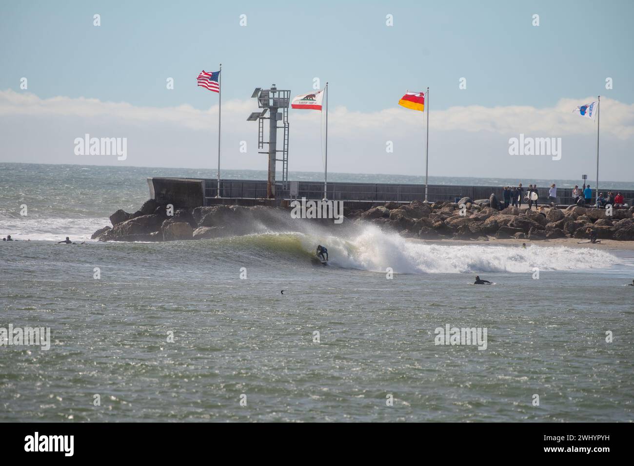 Surfing, Sandspit, Santa Barbara Harbor, Surf, Sport, Bodyboard, Perfect Wave, Ocean, Water, Recreation, Leisure, Action Stock Photo