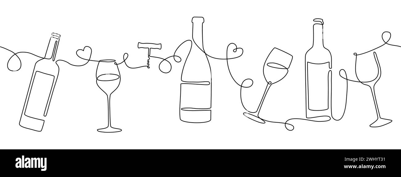Wine drink. Continuous line art sketch. Alcohol beverage. Love champagne. Bar party. Cocktail goblet. Glass bottle. Doodle corkscrew and wineglass. Simple drawing. Vector outline pattern background Stock Vector