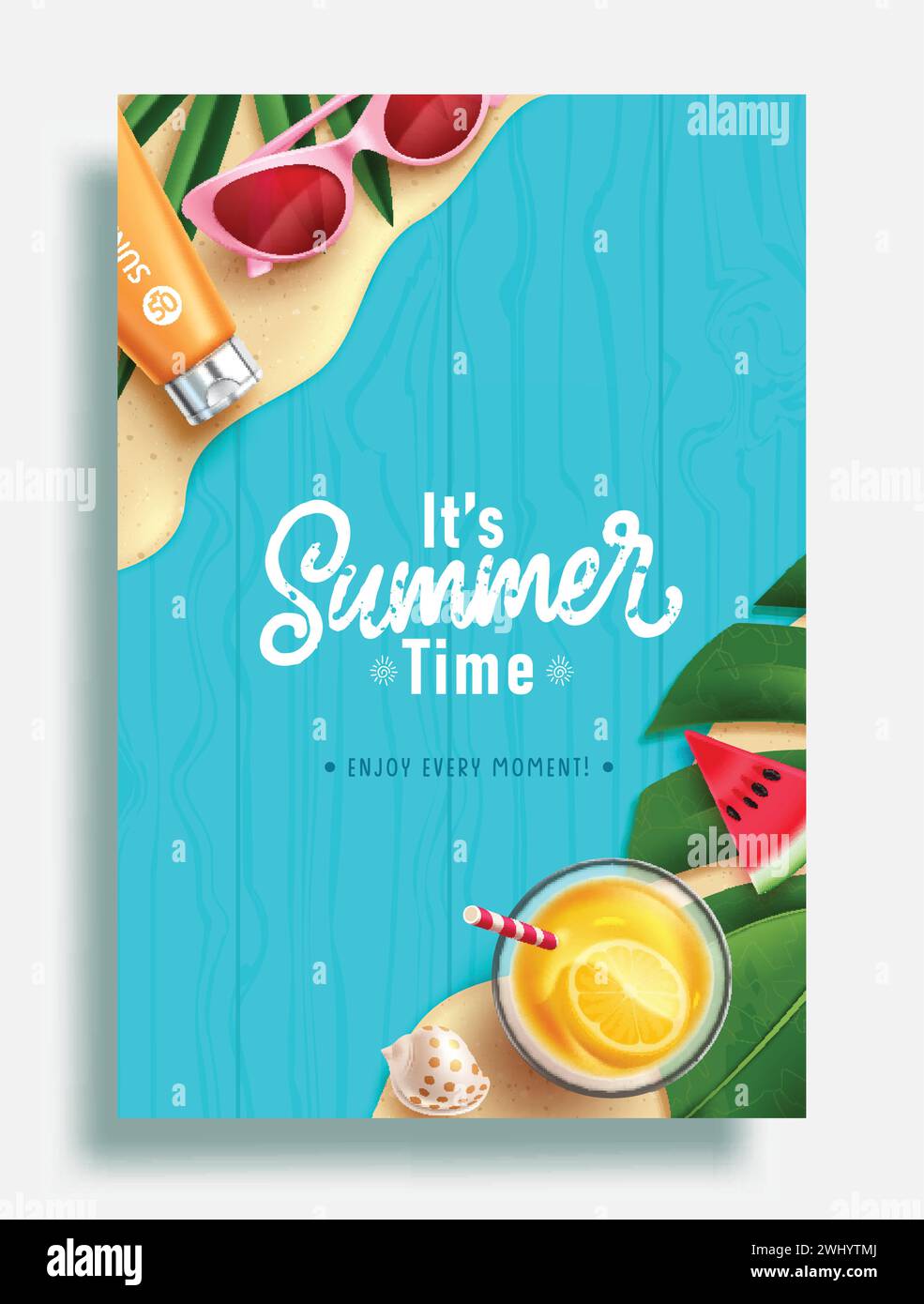 Summer time vector poster template. It's summer time greeting text in wooden blue background with sunblock, juice, sunglasses and leaf beach elements Stock Vector
