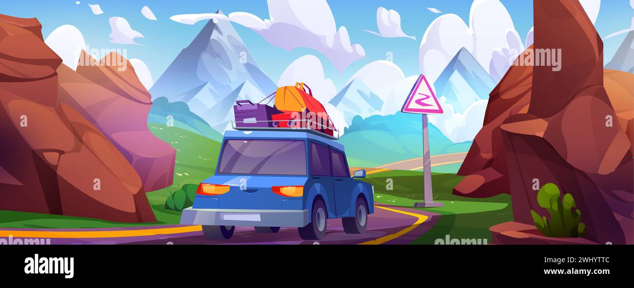 Car with luggage on roof driving along winding road in mountains. Cartoon vector back view of vehicle with baggage riding highway surrounded by rocks, hills and green grass on sunny summer day. Stock Vector