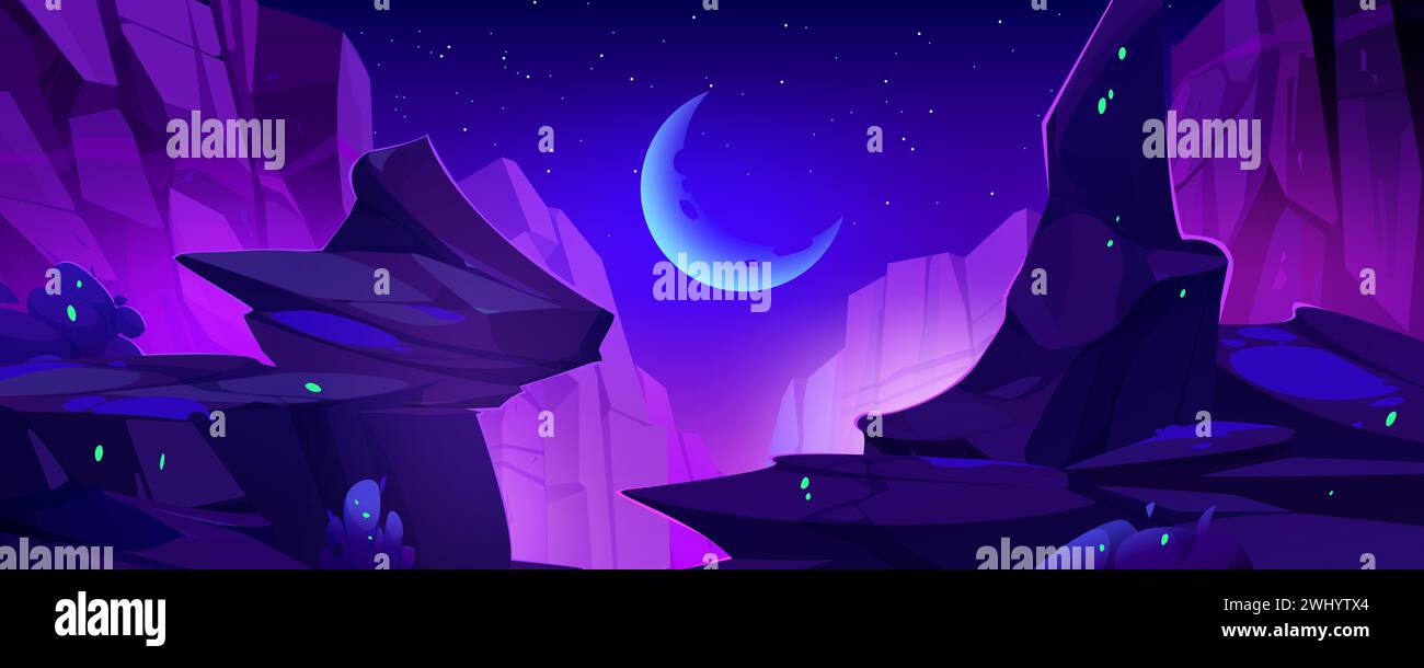 Night cartoon vector landscape with high rocky cliff edges over chasm on background of dark blue sky with stars and crescent moon. Mystic purple light from gap canyon surrounded by stone mountains. Stock Vector